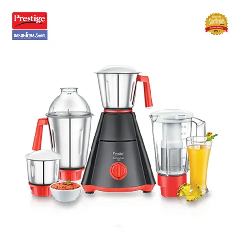 Prestige 750 Watts Nakshatra Super Mixer Grinder with 4 Jars (3 Stainless Steel Jars + 1 Juicer Jar)| Sturdy Handles| Juicer Jar with Sieve|Red and Black